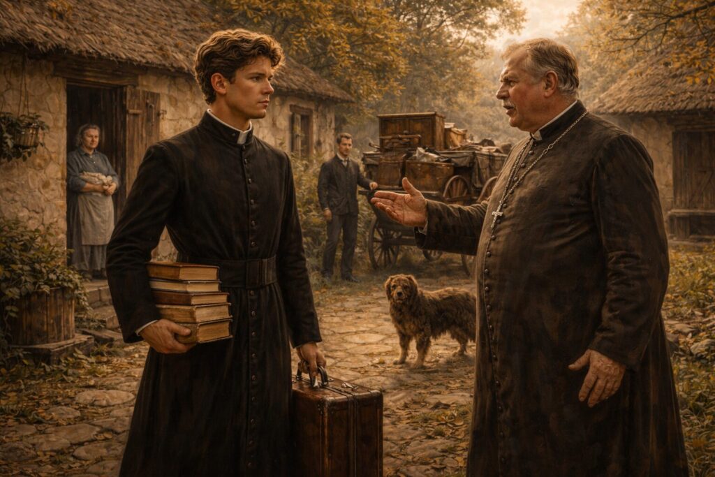 „Altorių šešėly“ siužetas II dalis „Eina gyvenimas“ – Liudo Vasario atvykimas į Kalnynus, šaltas klebono sutikimas ir pirmoji įtampa vikariate