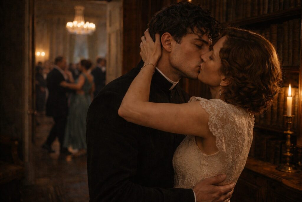 „Altorių šešėly“ siužetas II dalis „Eina gyvenimas“ – baronienė Rainakienė pabučiuoja Liudą Vasarį atsisveikinimo baliuje