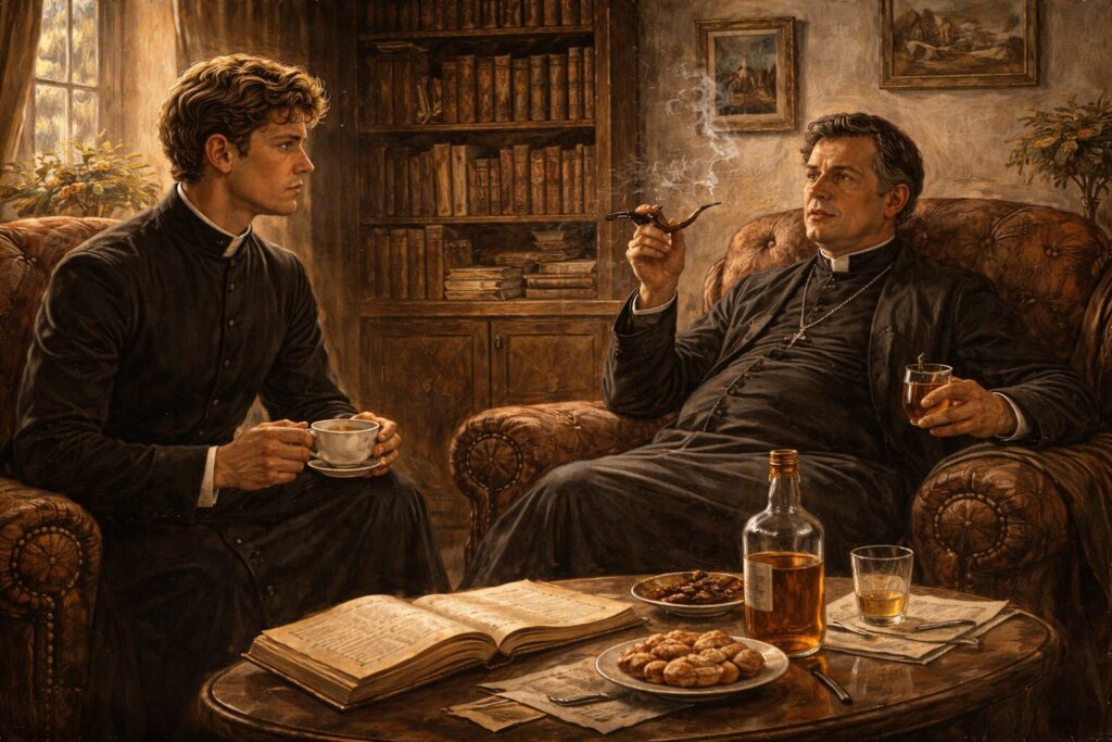 „Altorių šešėly“ siužetas II dalis „Eina gyvenimas“ – naujienos iš miesto, parapijos intrigos ir pirmasis spaudimas Liudui Vasariui Kalnynuose