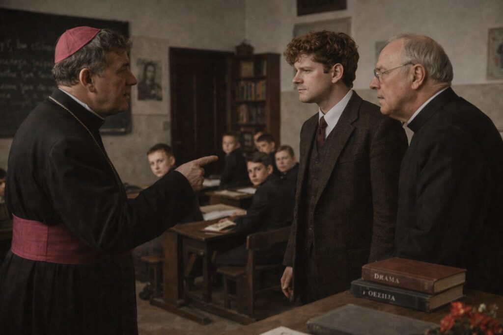 „Altorių šešėly“ siužetas III dalis „Išsivadavimas“ – Liudas Vasaris gimnazijoje atsisako kunigo vaidmens ir susiduria su Bažnyčios atstovais dėl kūrybos ir laisvės