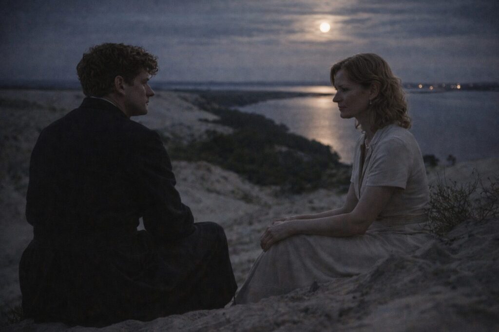 „Altorių šešėly“ siužetas III dalis „Išsivadavimas“ – Liudas Vasaris ir Auksė Gražulytė Nidos kopose, lemtingas vasaros apsisprendimo susitikimas