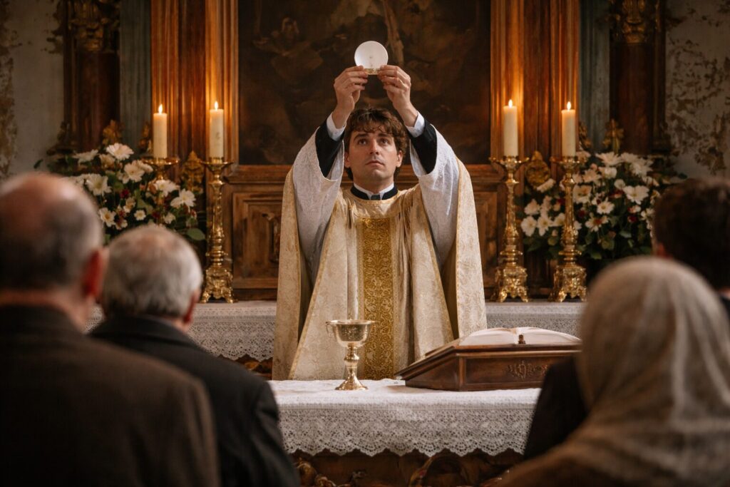 „Altorių šešėly“ siužetas III dalis „Išsivadavimas“ – Liudas Vasaris priverstinai laiko mišias gimtosios parapijos bažnyčioje