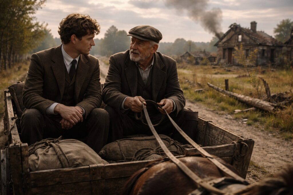 „Altorių šešėly“ siužetas III dalis „Išsivadavimas“ – Liudo Vasario kelionė į tėviškę su tėvu, karo nuniokotas kaimas ir sprendimas nebegrįžti į parapiją