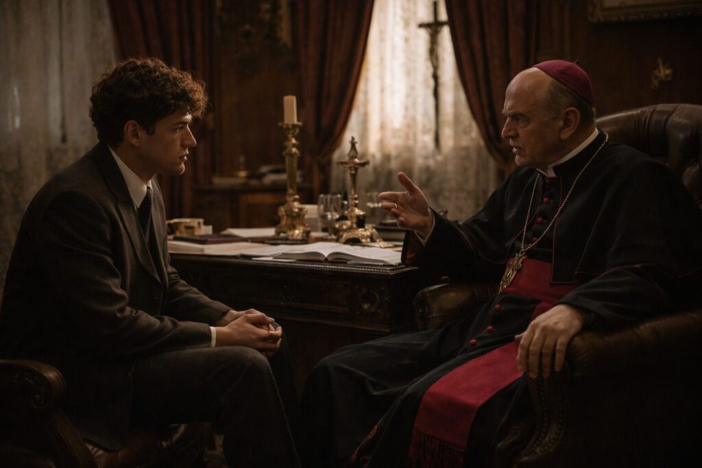 „Altorių šešėly“ siužetas III dalis „Išsivadavimas“ – Liudo Vasario susitikimas su vyskupu Kaune ir perspėjimas dėl kunigystės atsisakymo