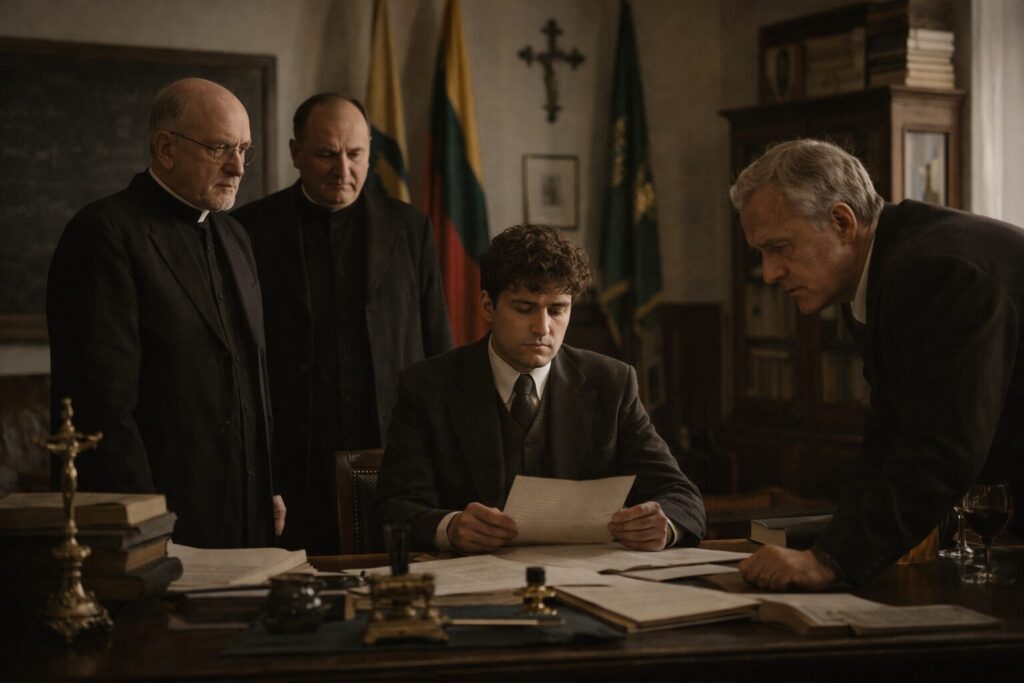 „Altorių šešėly“ siužetas III dalis „Išsivadavimas“ – kunigas direktorius Liudas Vasaris gimnazijos kabinete, viešai įtvirtinta kunigystė ir vidinis dvilypumas