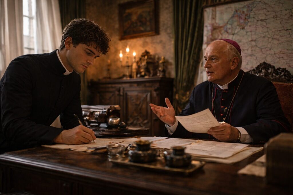 „Altorių šešėly“ siužetas – Liudas Vasaris Naujapolyje pas pralotą Girvydą tvarko išvykimą į Akademiją