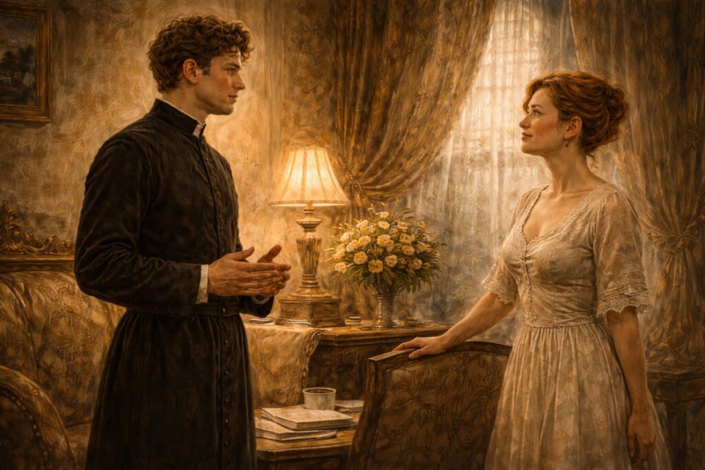 „Altorių šešėly“ siužetas – Liudo Vasario ir Liucijos pokalbis per atstumą Naujapolyje, slopinama trauka ir vidinis konfliktas