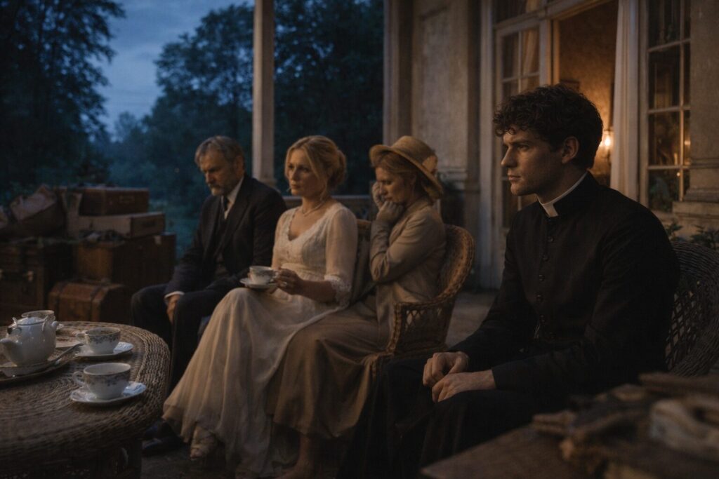 „Altorių šešėly“ siužetas – Rainakių išvykimo vakaras dvare Liudas Vasaris atsisveikina su baroniene Rainakiene