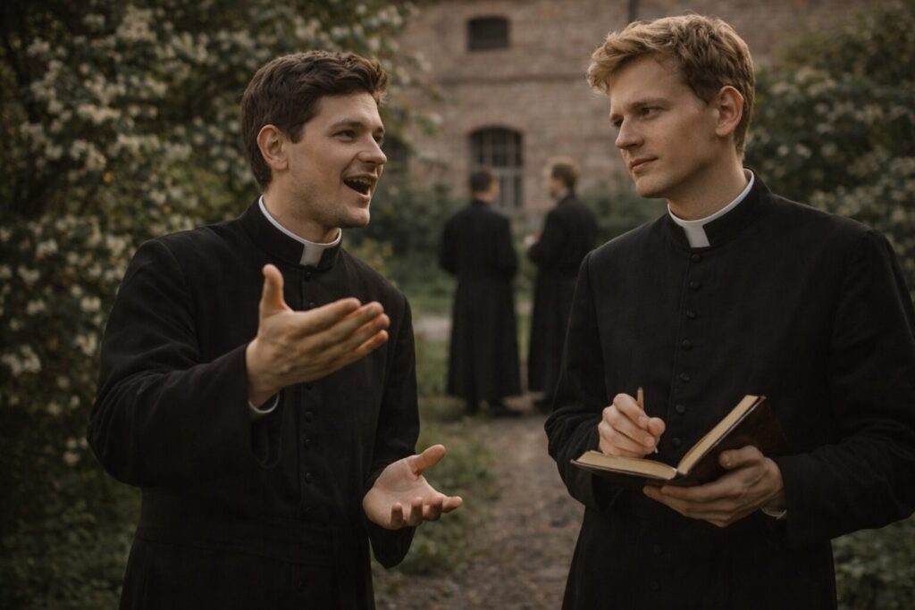 „Altorių šešėly“ veikėjai – Eigulis ir Liudas Vasaris seminarijos sode kaip idealizmo ir kūrybinės krypties simbolis