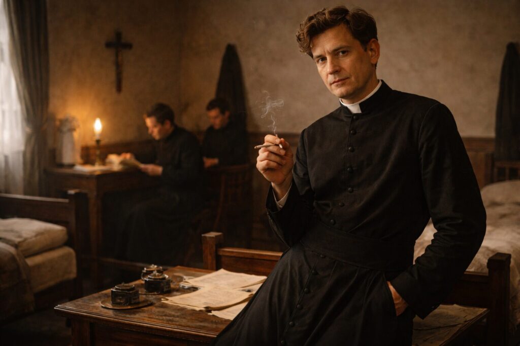 „Altorių šešėly“ veikėjai – Jonas Variokas seminarijos kambaryje kaip maišto ir abejonės simbolis