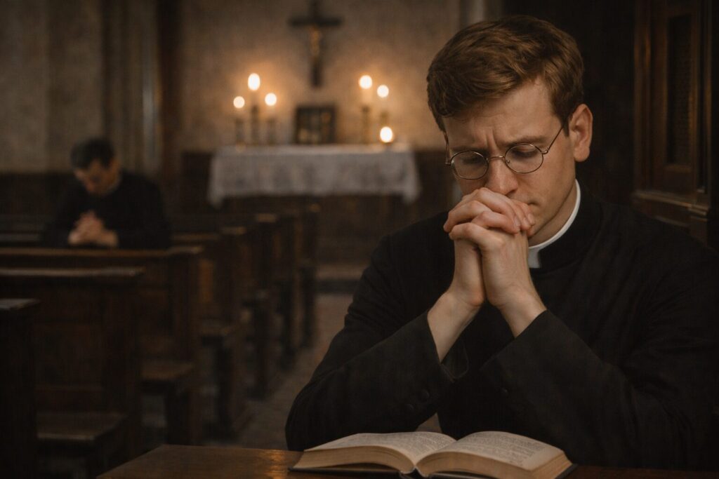 „Altorių šešėly“ veikėjai – Kazys Balselis koplyčioje kaip skrupulingo tikėjimo ir religinės baimės simbolis