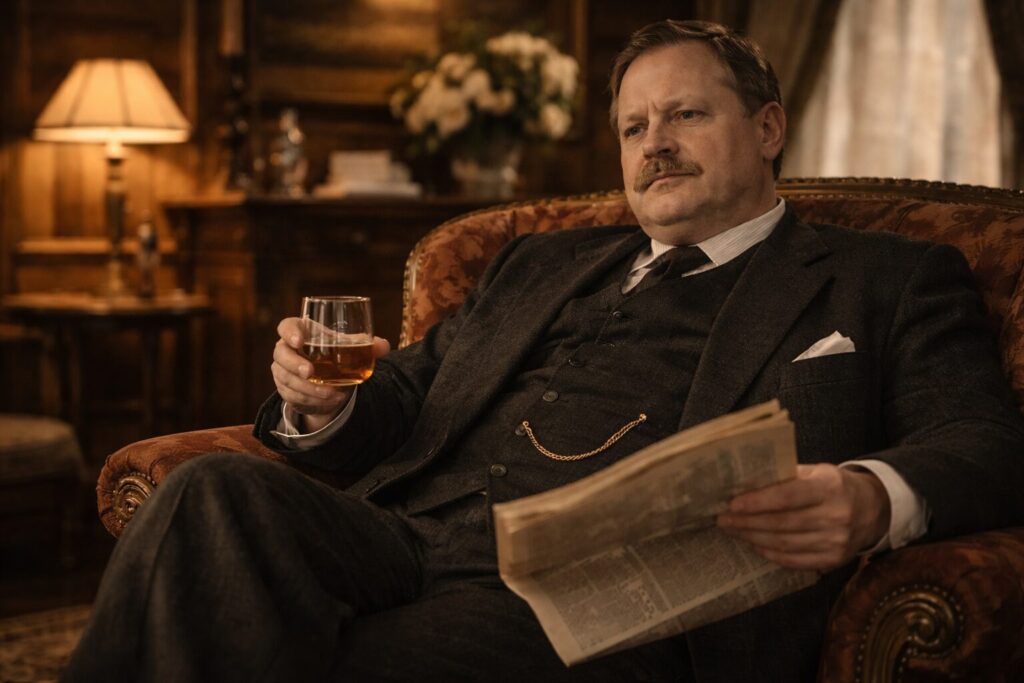 „Altorių šešėly“ veikėjai – Povilas Glaudžius, stambus pramonininkas ir Liucijos vyras, miesto salone su laikraščiu ir taure rankoje