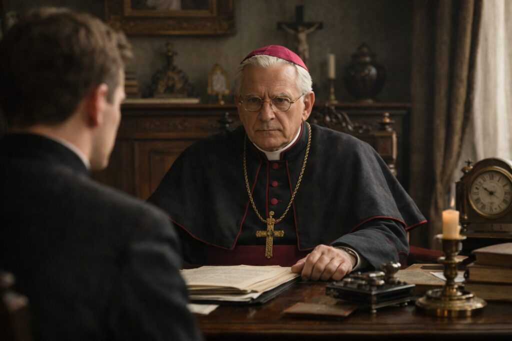 „Altorių šešėly“ veikėjai – Pralotas Valeškevičius seminarijos rektoriaus kabinete