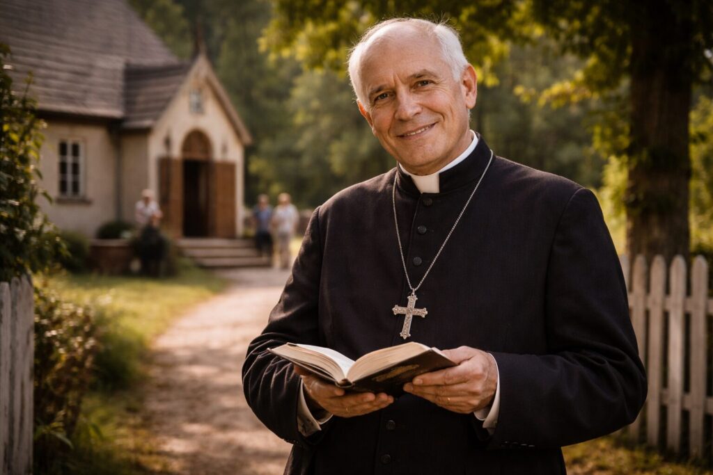 „Altorių šešėly“ veikėjai – Šlavantų tėvelis Šlavantų parapijoje prie bažnyčios