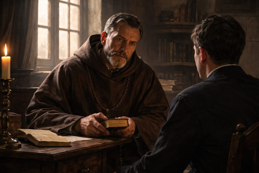 „Altorių šešėly“ veikėjai – Tėvas Severinas ir Liudas Vasaris konfrontacijos scenoje miesto vienuolyno kambaryje