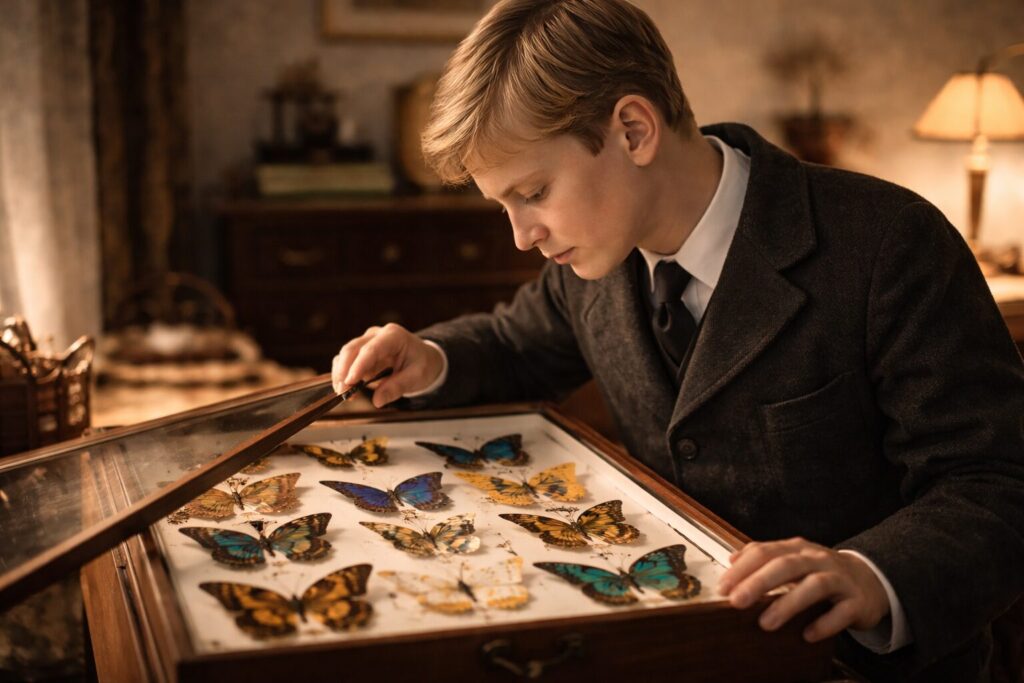 „Altorių šešėly“ veikėjai – Vytautas (Vytukas) žiūri savo drugelių kolekciją gimnazisto kambaryje