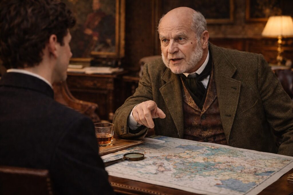 „Altorių šešėly“ veikėjai – baronas Rainakis Kalnynų dvare prie Europos žemėlapio