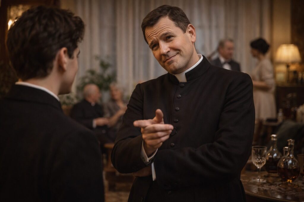 „Altorių šešėly“ veikėjai – kun. dr. Laibys Naujapolio salone, modernus ir skeptiškas kapelionas