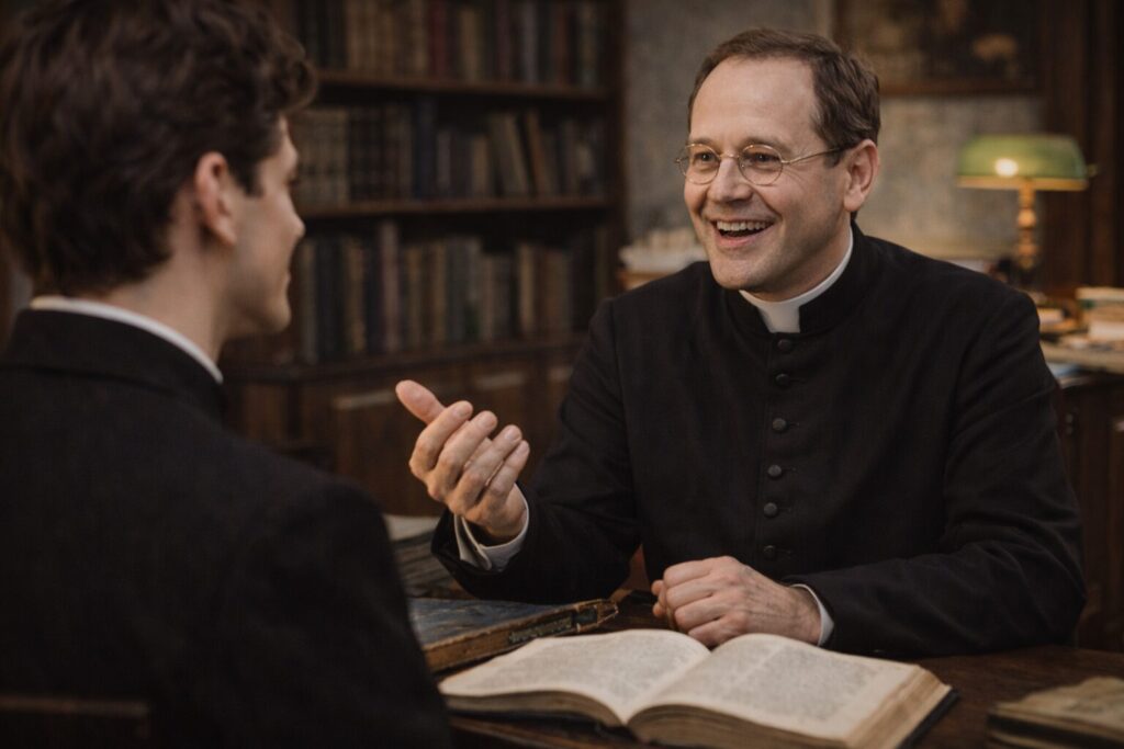 „Altorių šešėly“ veikėjai – kun. prof. Antanas Meškėnas ir Liudas Vasaris Kauno universiteto aplinkoje