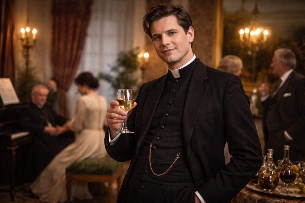 „Altorių šešėly“ veikėjai – kunigas Zigmas Trikauskas Kleviškio klebonijos salone, saloninės kultūros ir pasaulietiškos kunigystės atstovas