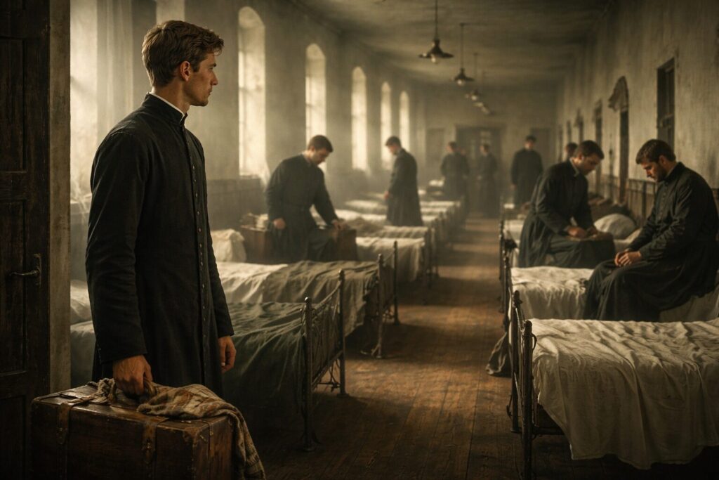 „Altorių šešėly“ siužetas I dalis „Bandymų dienos“ – Liudo Vasario atvykimas į kunigų seminariją, pirmosios klieriko dienos