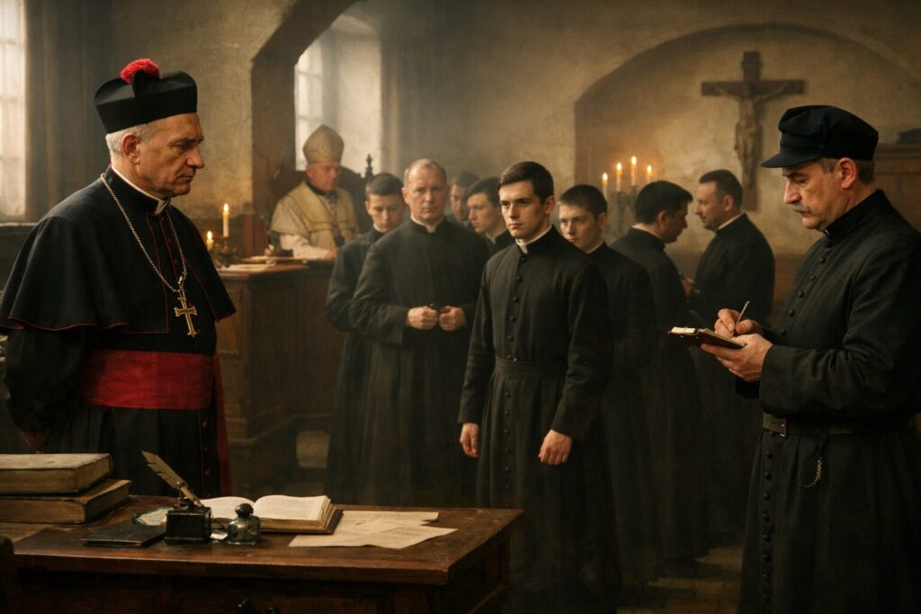 „Altorių šešėly“ siužetas I dalis „Bandymų dienos“ – seminarijos tvarka ir hierarchija rektorius, inspektorius ir klierikai