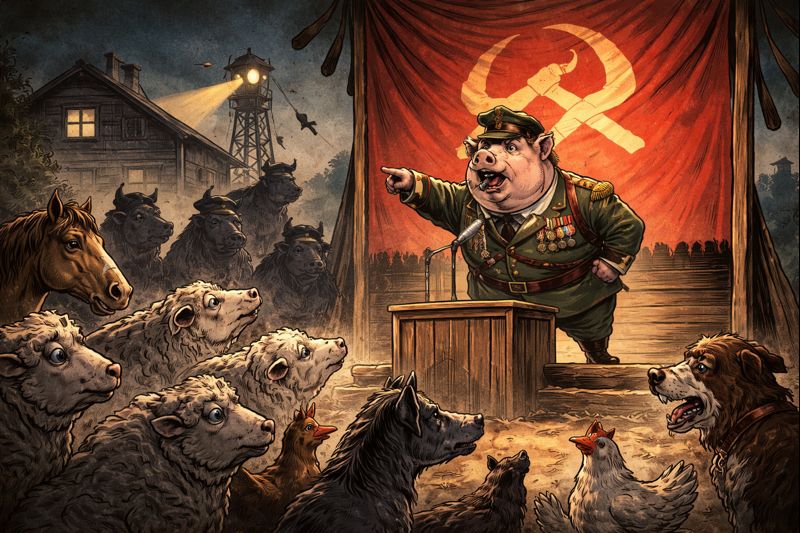 „Gyvulių ūkis“ – alegorinė scena, vaizduojanti valdžios išsigimimą ir ideologijos veikimą